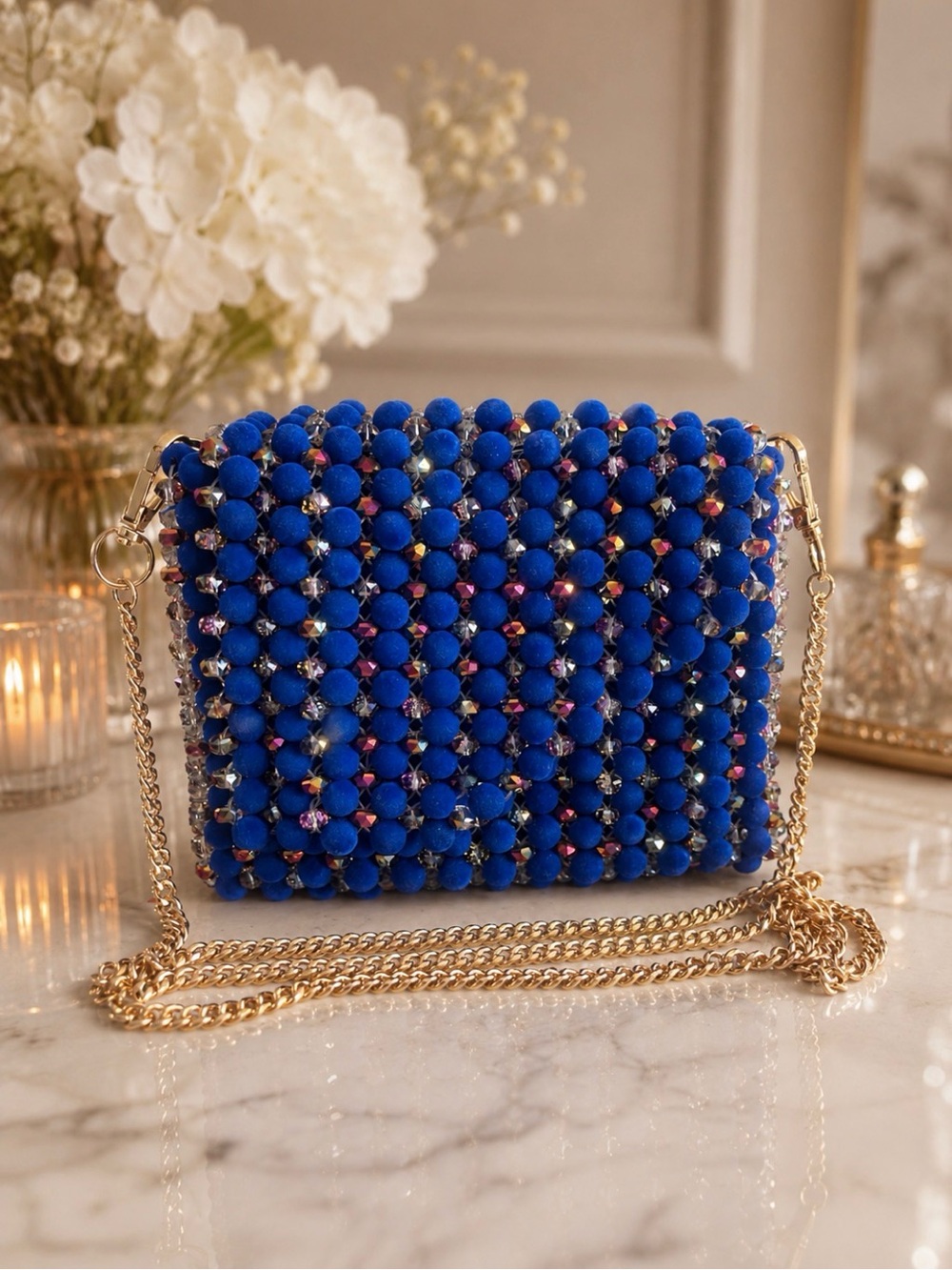 Blue Beaded Chain-Handle Crossbody Bag